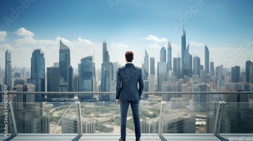 Back view businessman looking at city. Generative AI technology.