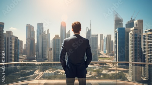 Businessman looking at city. Generative AI technology.