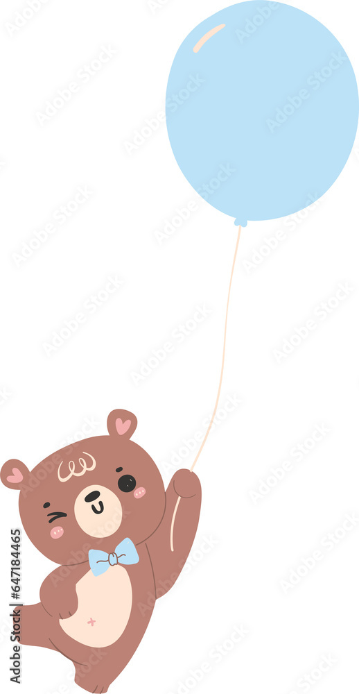 Fototapeta premium Cute teddy bear with blue balloon, kawaii animal 