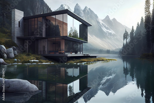 Luxurious modern house with big windows and water around