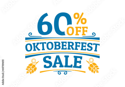 Oktoberfest sale icon, logo or label. 60% price off sign. Beer festival promotion emblem, banner or poster design element. Vector illustration.