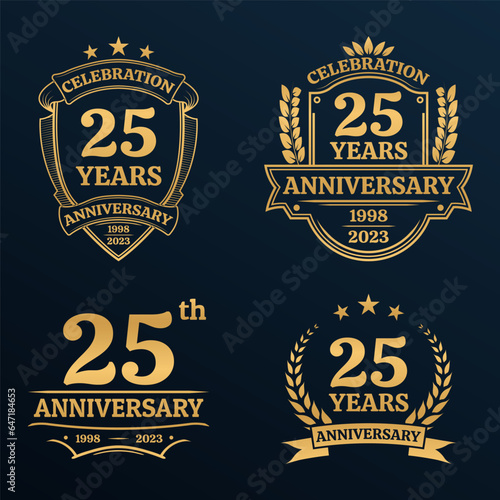 25 years anniversary icon or logo set. Vintage birthday banner design. 25th anniversary jubilee celebration golden badge or label collection. Vector illustration.