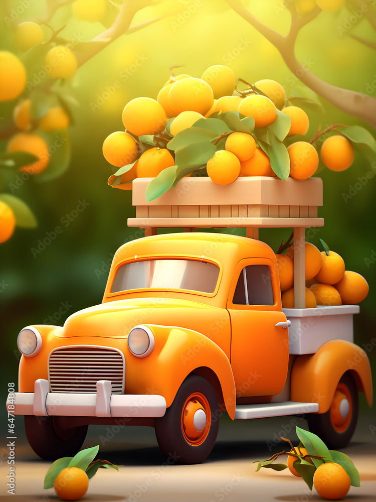 Truck with mandarin oranges 3d cartoon background. Orange fruits farm ...