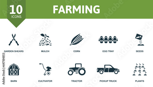 Farming set. Creative icons: garden shears, mulch, corn, egg tray, seeds, barn, cultivator, tractor, pickup truck, plants.