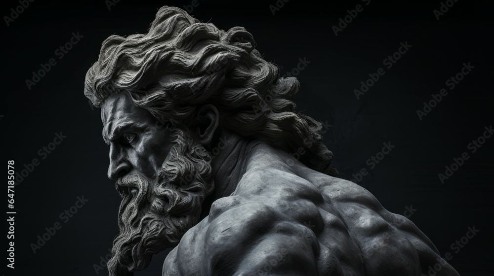 Zeus statue on black background. Generative AI technology. - obrazy, fototapety, plakaty 