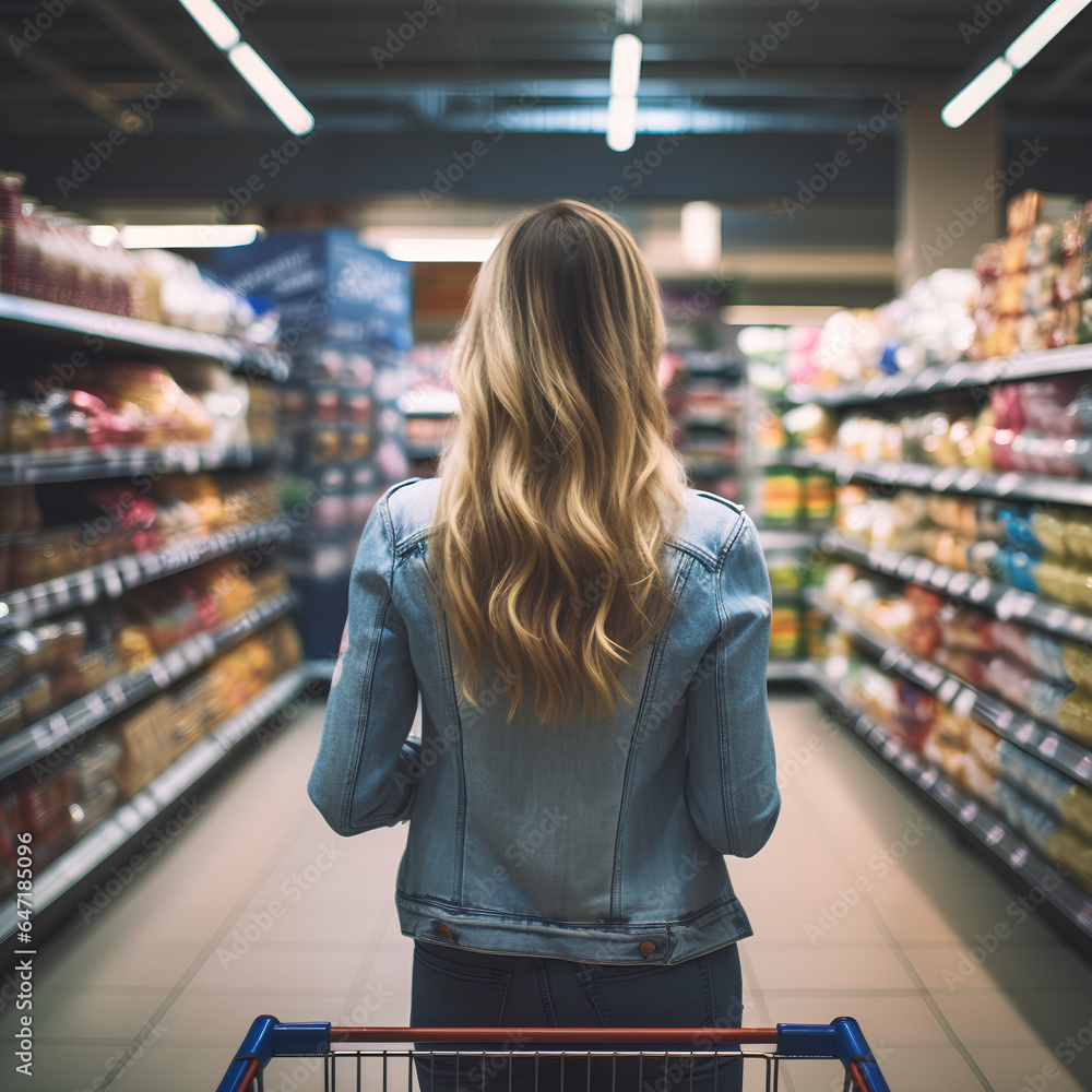  photo of a beautiful young american woman shopping in supermarket and buying groceries and food products in the store. photo taken from behind her back