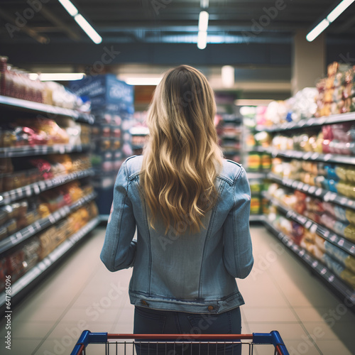  photo of a beautiful young american woman shopping in supermarket and buying groceries and food products in the store. photo taken from behind her back