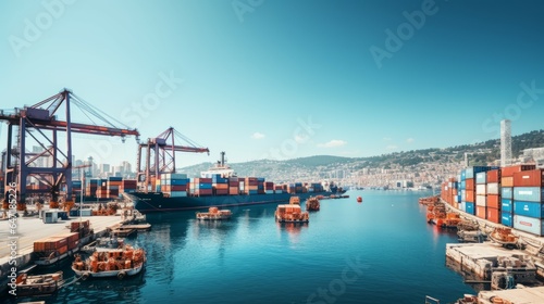 Container cargo global trade at harbor port background. Delivery transport shipping business concept. Generative AI technology.