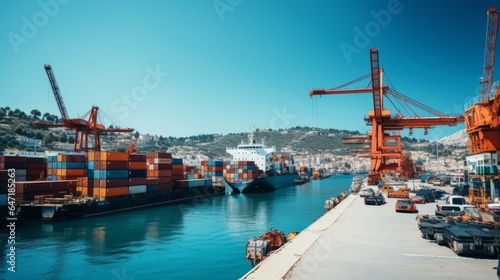 Container cargo import export at port background. Delivery global transport trade business concept. Generative AI technology.