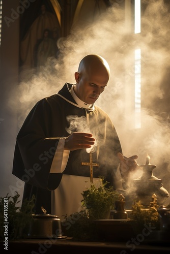 A priest standing in contemplation amidst a forest of autumn leaves, Bible in hand, soaking in the serenity of nature
