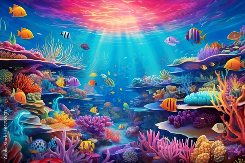Dive into this lively marine illustration, depicting a vibrant underwater world filled with corals and an array of colorful fish, capturing the beauty of the sea's ecosystem. © NS