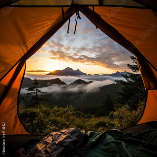 Embrace the breathtaking wilderness as you wake up inside your cozy tourist tent, greeted by an awe-inspiring mountain landscape.