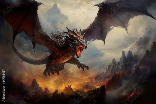 In a fiery apocalypse, the evil, angry dragon spreads its open wings over the scorched ruins of an ancient city, its fiery breath a harbinger of monstrous destruction.