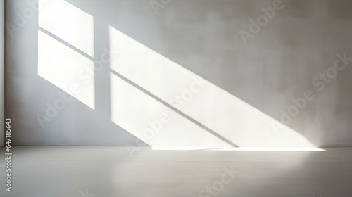 Minimal abstract light gray background for product presentation. Shadow and light from windows on plaster wall. generative AI