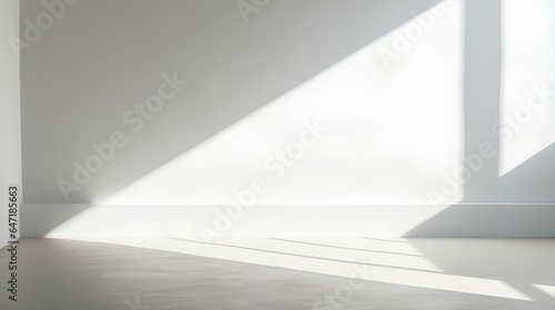Minimal abstract light gray background for product presentation. Shadow and light from windows on plaster wall. generative AI