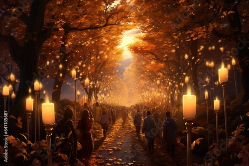 Foto A procession of people holding candles and lanterns on a crisp autumn night, com