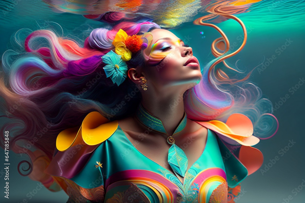 Fototapeta premium Underwater ink art of a beautiful cute woman (PNG 9600x6400)