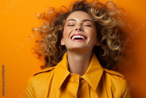 Person's expression of contentment and satisfaction on an orange background, Generative AI