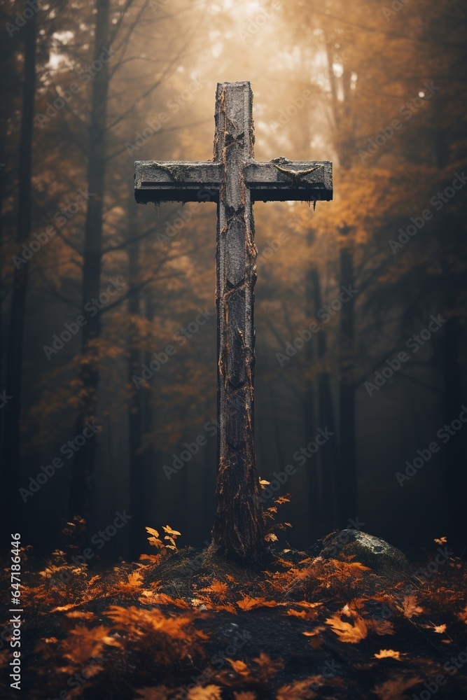 A rustic wooden cross standing tall against a backdrop of autumn woods, with golden leaves gently spiraling downwards
