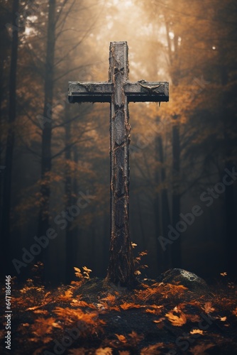 A rustic wooden cross standing tall against a backdrop of autumn woods, with gol Fototapeta