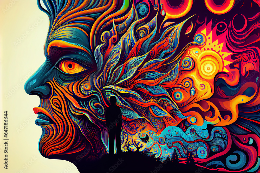 Trippy and psychedelic artwork. Surreal illustration in vivid multicolors. Eyes and face theme