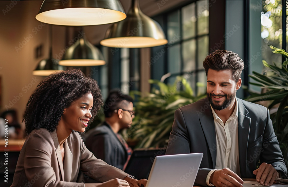 Black woman and Caucasian man working in a coworking with a computer Black woman and Caucasian man working in a coworking with a computer