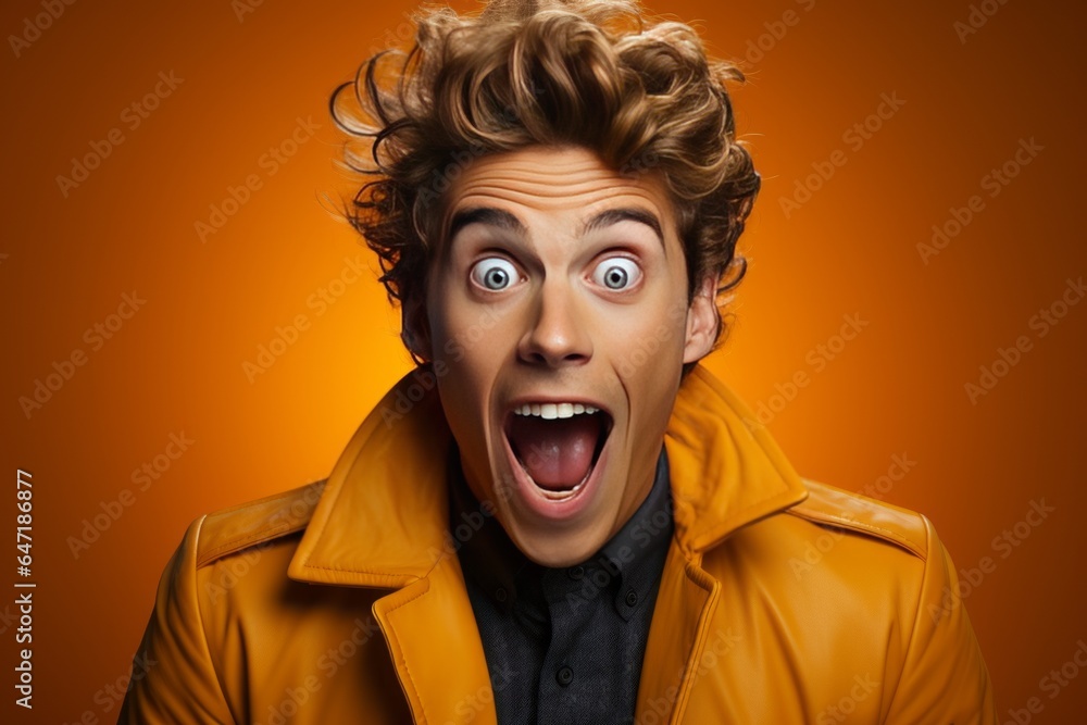 Person's expression of surprise and amazement on an orange background, Generative AI Person's expression of surprise and amazement on an orange background, Generative AI