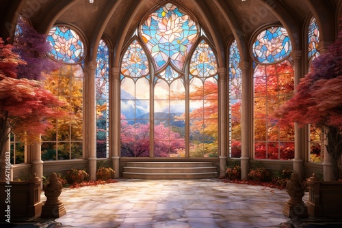 Print op canvas A serene chapel set amidst an autumn landscape, where the colorful fall leaves b
