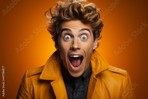 Person's expression of surprise and amazement on an orange background, Generative AI © Shooting Star Std