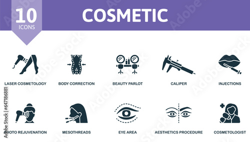 Cosmetic set. Creative icons: laser cosmetology, body correction, beauty parlor, calliper, injections, photo rejuvenation, mesothreads, eye area, aesthetics procedure, cosmetologist.
