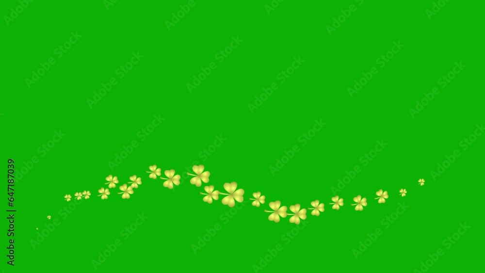 Animated golden symbol of leaf of clover. Icon of Іrish plant fly from left to right. A wave of clover. Concept of Patrick's Day. Looped video. Flat vector illustration isolated on white background. Animated golden symbol of leaf of clover. Icon of Іrish plant fly from left to right. A wave of clover. Concept of Patrick's Day. Looped video. Flat vector illustration isolated on white background.