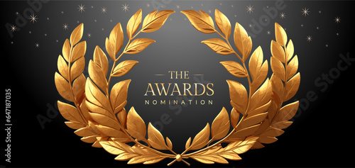 Golden laurel wreath winner award nomination background. 3d realistic design. Award concept background. Luxury premium corporate abstract design template.