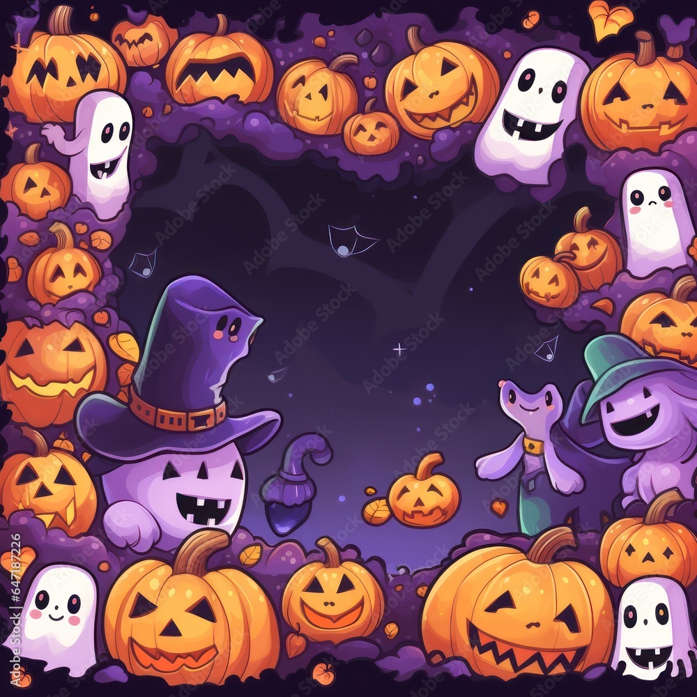 cute pumpkin and ghost frame for Halloween. Frame illustration of Halloween with pumpkin and ghost. Generative Ai. cute pumpkin and ghost frame for Halloween. Frame illustration of Halloween with pumpkin and ghost. Generative Ai.