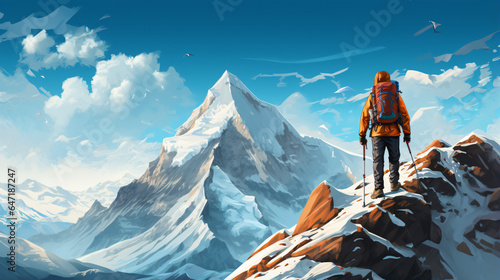 Digital painting of mountain climber on snowy mountains