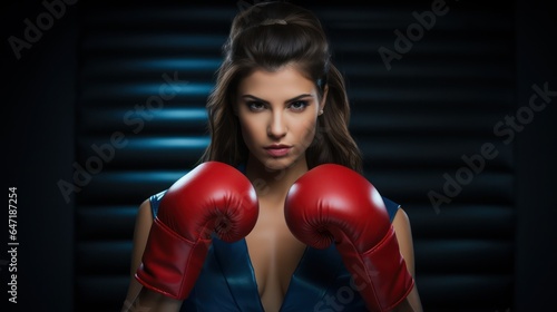 Serious businesswoman posing in red-coloured boxing gloves isolated on dark. Real leader in business suit looking at the camera. © Kowit