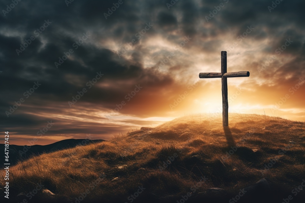A solitary wooden cross on a hill, silhouetted against a vivid sunset, with dark clouds parting to reveal beams of golden light