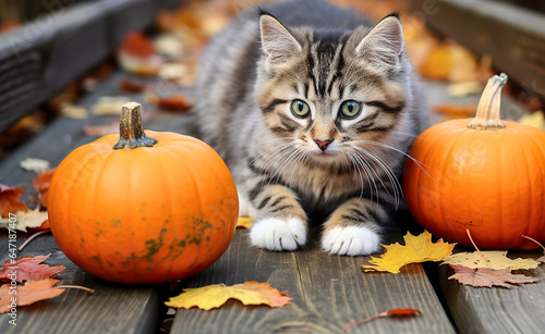 Halloween pumpkin with a cute little cat and autumn leaves on a sunny autumn day. Halloween holiday background with kitten. Autumn season. October. Fall mood.
