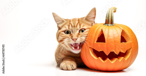 Angry funny ginger cat with Halloween pumpkin carved, isolated on white background. Kitten and pumpkin on white. Halloween holidays. Autumn season. October. Autumn mood. digital ai © Viks_jin