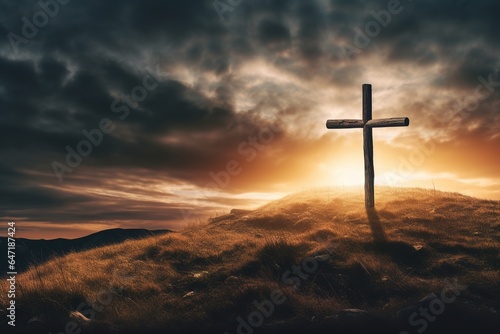 A solitary wooden cross on a hill, silhouetted against a vivid sunset, with dark clouds parting to reveal beams of golden light