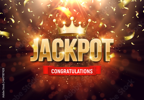 Shining sign Jackpot with gold crown and falling confetti on a bright background. Vector illustration.