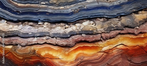 Closeup of cross section of different colorful abstract healing stone crystal quartz granite rock texture background