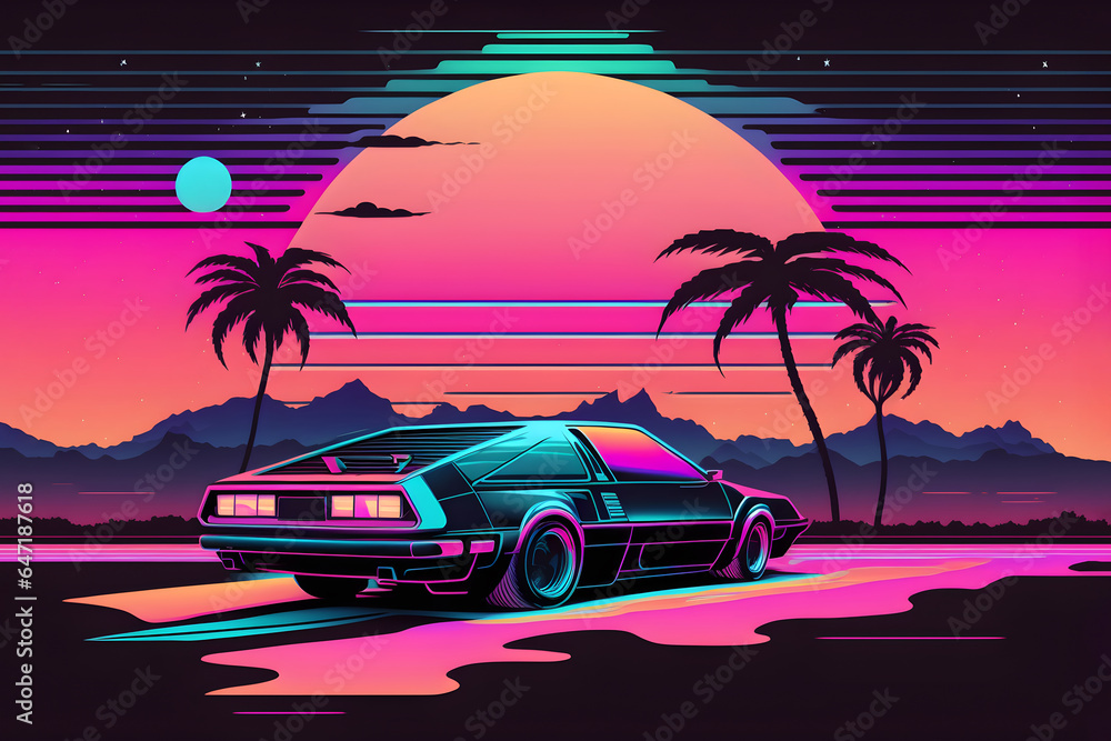 The futuristic retro landscape of the 80s. Illustration of the moon and car in retro style. Suitable for the design of the 80s style