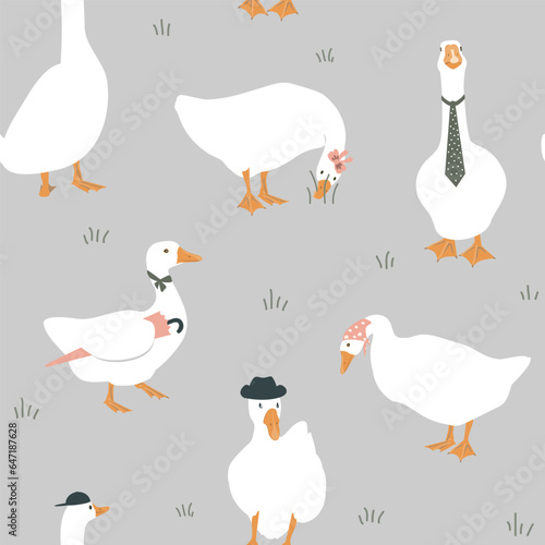 Cute dressed geese seamless pattern. Goose in a hat, tie, scarf, and with umbrella. Funny vector background
