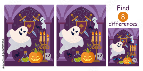Cute cartoon ghost in gothic castle with pumpkin, skull, potion, spiders, candles, shield and crossed swords. Halloween flat color vector illustration. Find differences, education game for children.
