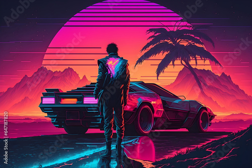 The futuristic retro landscape of the 80s. Illustration of the moon and car in retro style. Suitable for the design of the 80s style