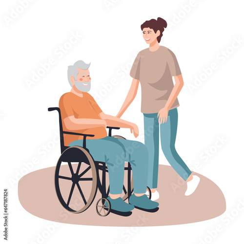 nurse for people with disabilities, accompanying an elderly person in a wheelchair