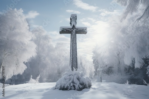 A stone cross monument, covered in fresh snow, standing steadfast in a tranquil cemetery during winter, with distant trees draped in white