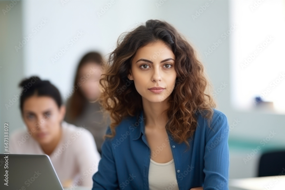 Smiling female student studying, using laptop in classroom. AI Generative Smiling female student studying, using laptop in classroom. AI Generative