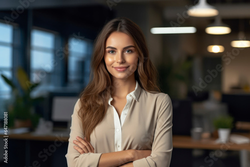 Portrait of business woman standing with arms crossed in office looking at camera. AI Generative