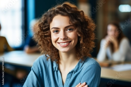 Portrait of a business woman sitting with arms crossed in office looking at camera with teammates in the background. AI Generative